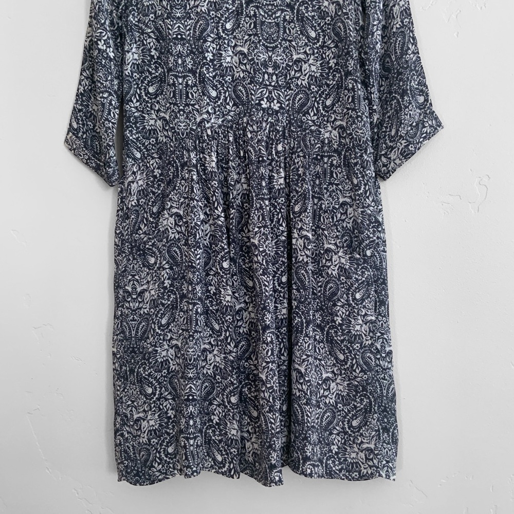 Garnet Hill Dress Gathered Drop Waist V-Neck Paisley Pockets Blue Women’s Size 2 - Picture 5 of 14